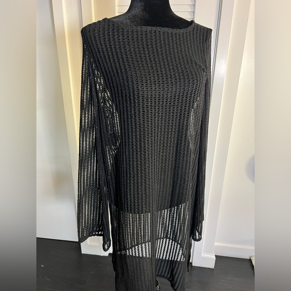 EUC Black Long Sleeve Beach Swim Suit Crochet Knit Sheer Cover-Up Dress Size Med - Picture 1 of 7